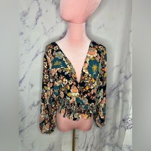 Angie Bohemian Floral Wrap Cropped Puff Long Sleeve Top Sz L